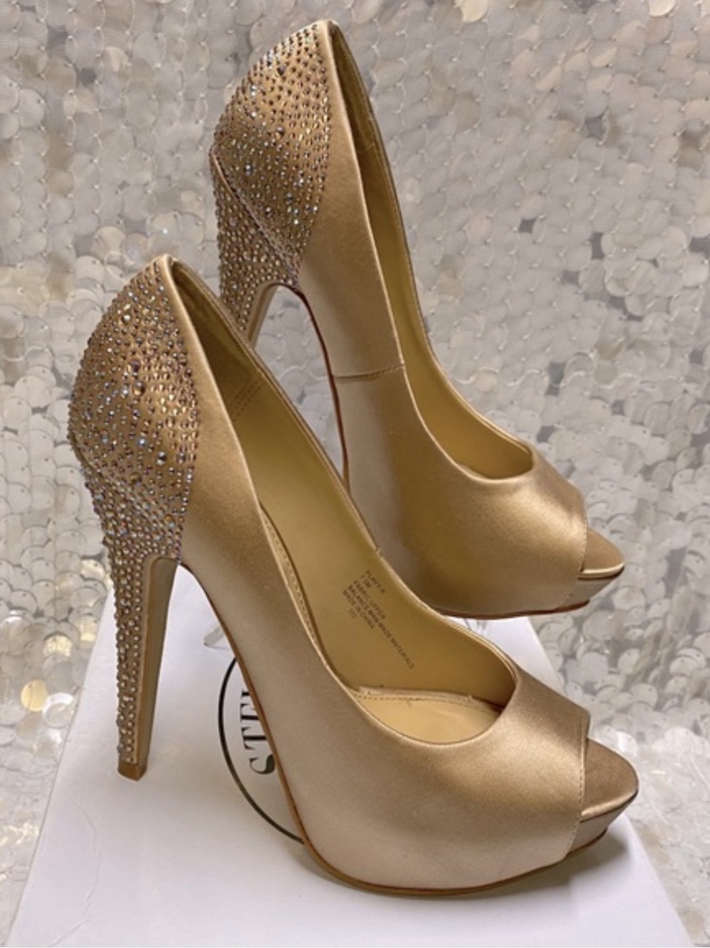 Steve Madden Peep-Toe Heels in Champagne with Crystal Heel
